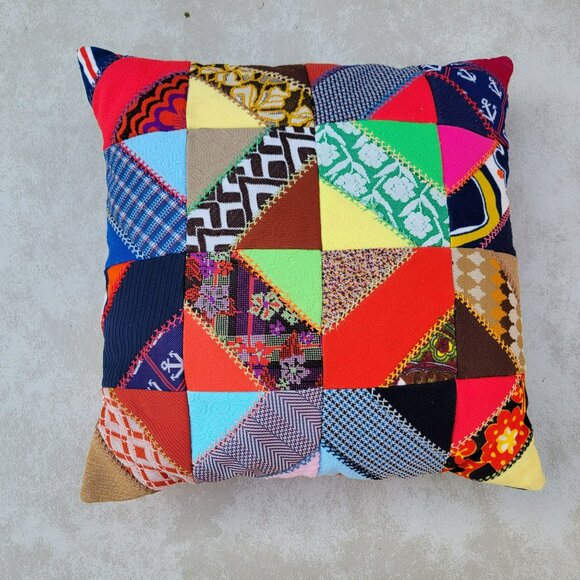 Vintage Crazy Patchwork Throw Pillow 14x14 Polyester Handmade Quilted Embroidery - Picture 2 of 16